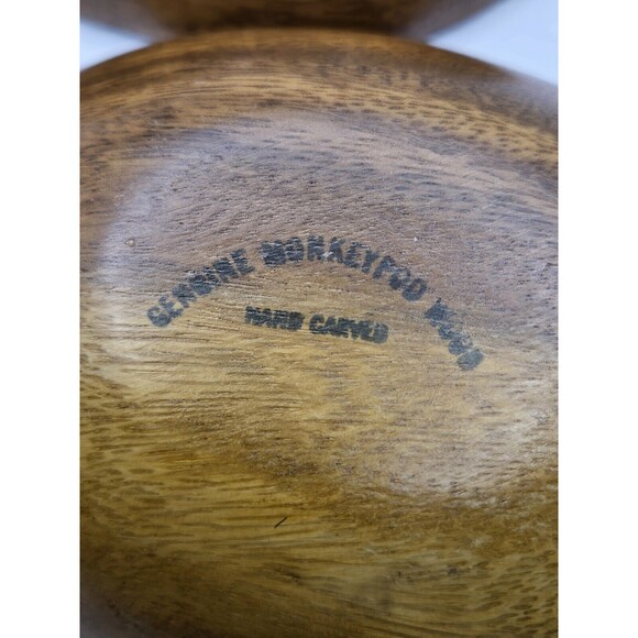 Vintage Monkey Pod Hardwood Hawaii Hand Carved Bowl Leaf 1950s Pair - Picture 7 of 10